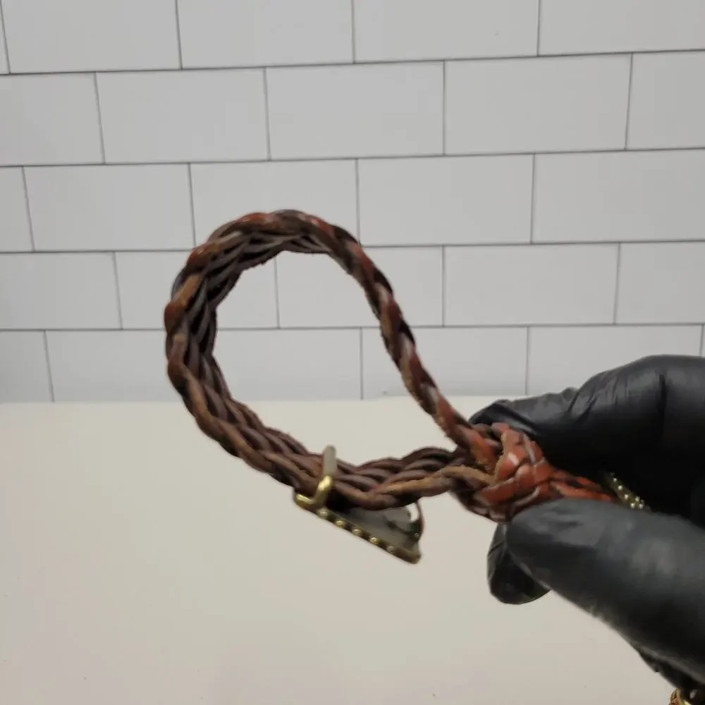 DKNY Brown Braided Leather Belt Gold Tone Buckle Women's Boho Casual Y2K